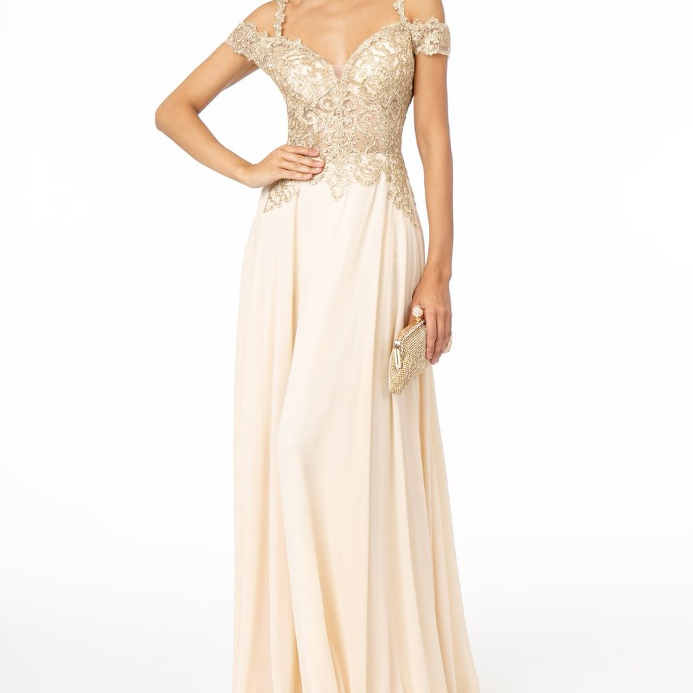 Champagne Off Shoulder Sequined Bodice Dress L2998 - Picture 8 of 8